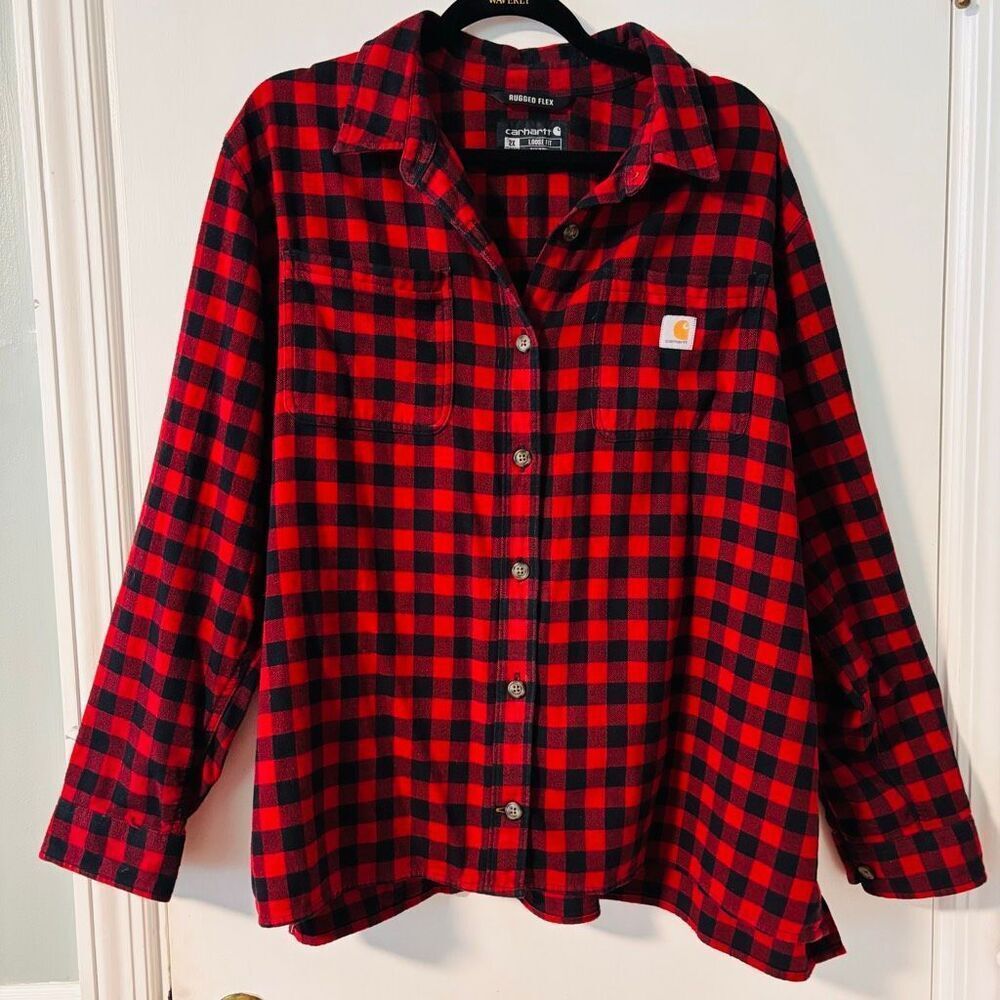 Carhartt Rugged Flex Loose Fit Button Up Flannel Shirt Red Black Buffalo Plaid W